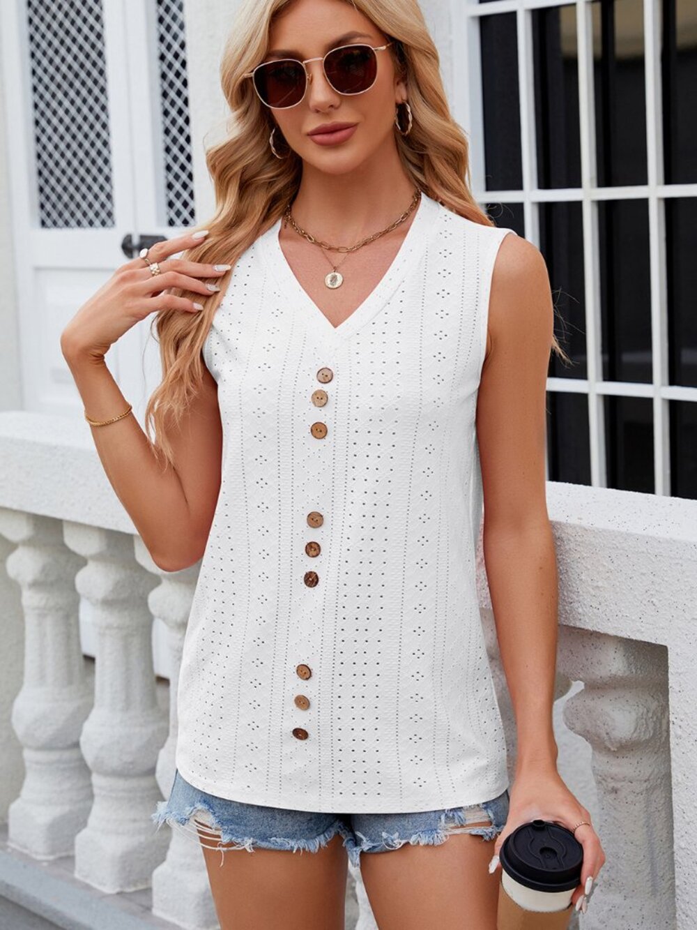 White Decorative Button Eyelet V-Neck Tank